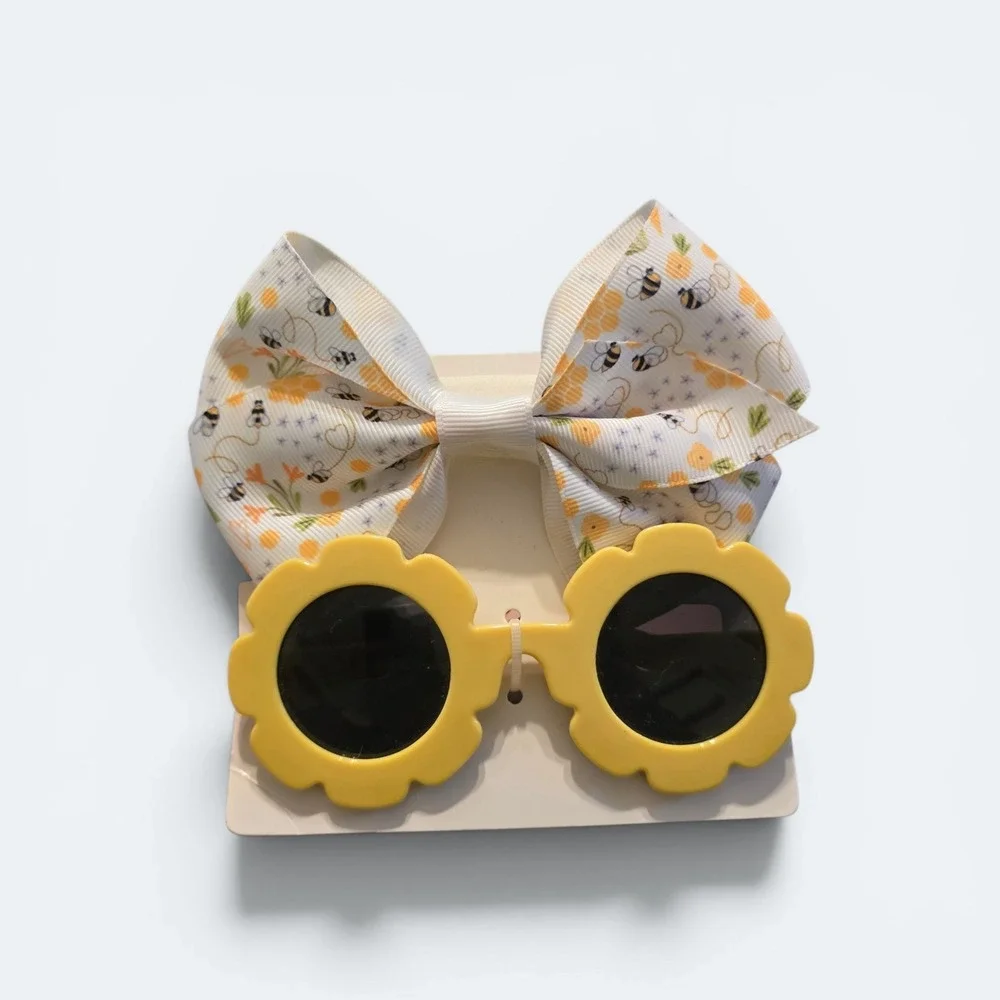 Kids Yellow Flower Sunglasses and Bumblebee Bow Headband Set UV400 Protection